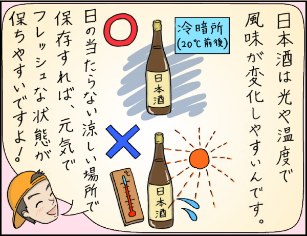 酒屋編「人も日本酒も涼しいのが一番」の巻、マンガ、3、店員さん「日本酒は光や温度で風味が変化しやすいんです。日の当たらない涼しい場所（20℃前後の冷暗所）で保存すれば、元気でフレッシュな状態が保ちやすいですよ！」