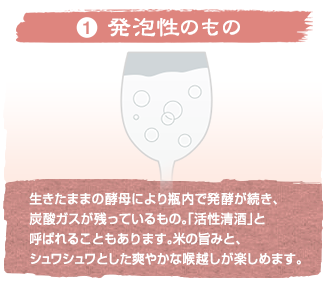 (1)発泡性のもの 生きたままの酵母により瓶内で発酵が続き、炭酸ガスが残っているもの。「活性清酒」と呼ばれることもあります。米の旨みと、シュワシュワとした爽やかな喉越しが楽しめます。